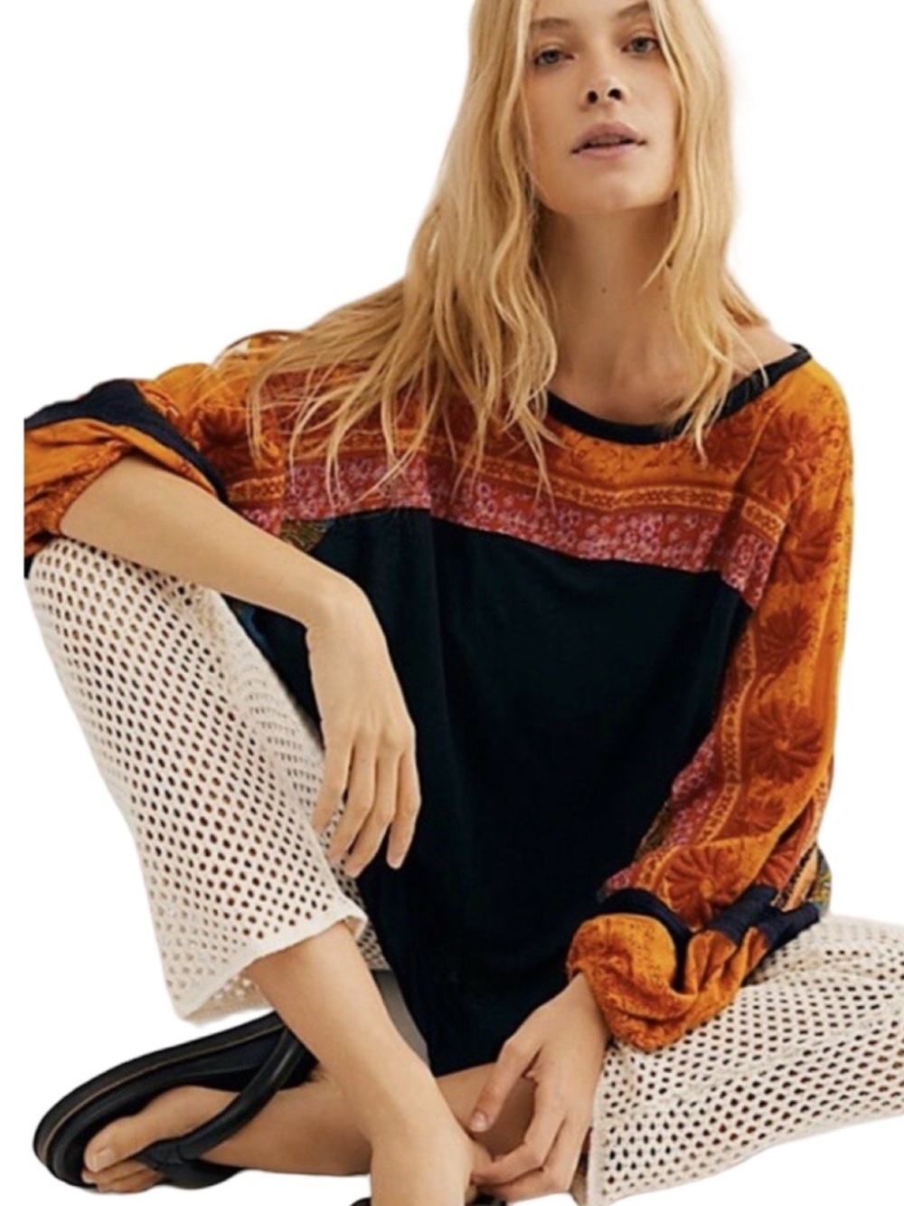 Free People Tripoli high low long sleeve top boho, flory, embroidered - Picture 2 of 9